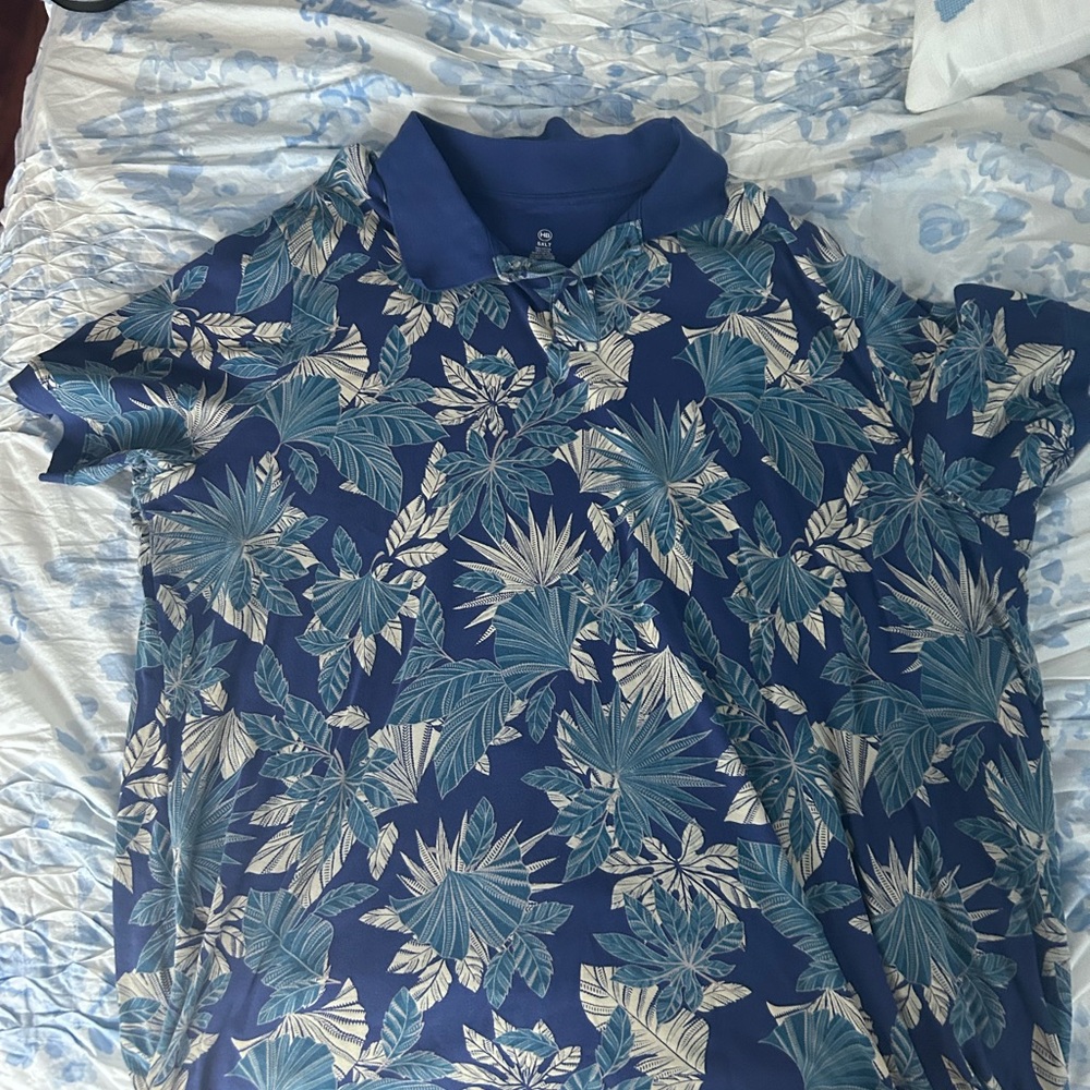 Green and Blue Botanical Polo Shirt with Classic Collar